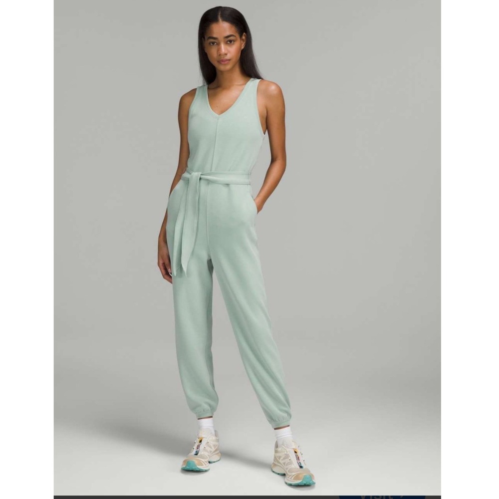 Lululemon Ease of It All V-Neck Jumpsuit Silver Blue French Terry Seless Sz 6